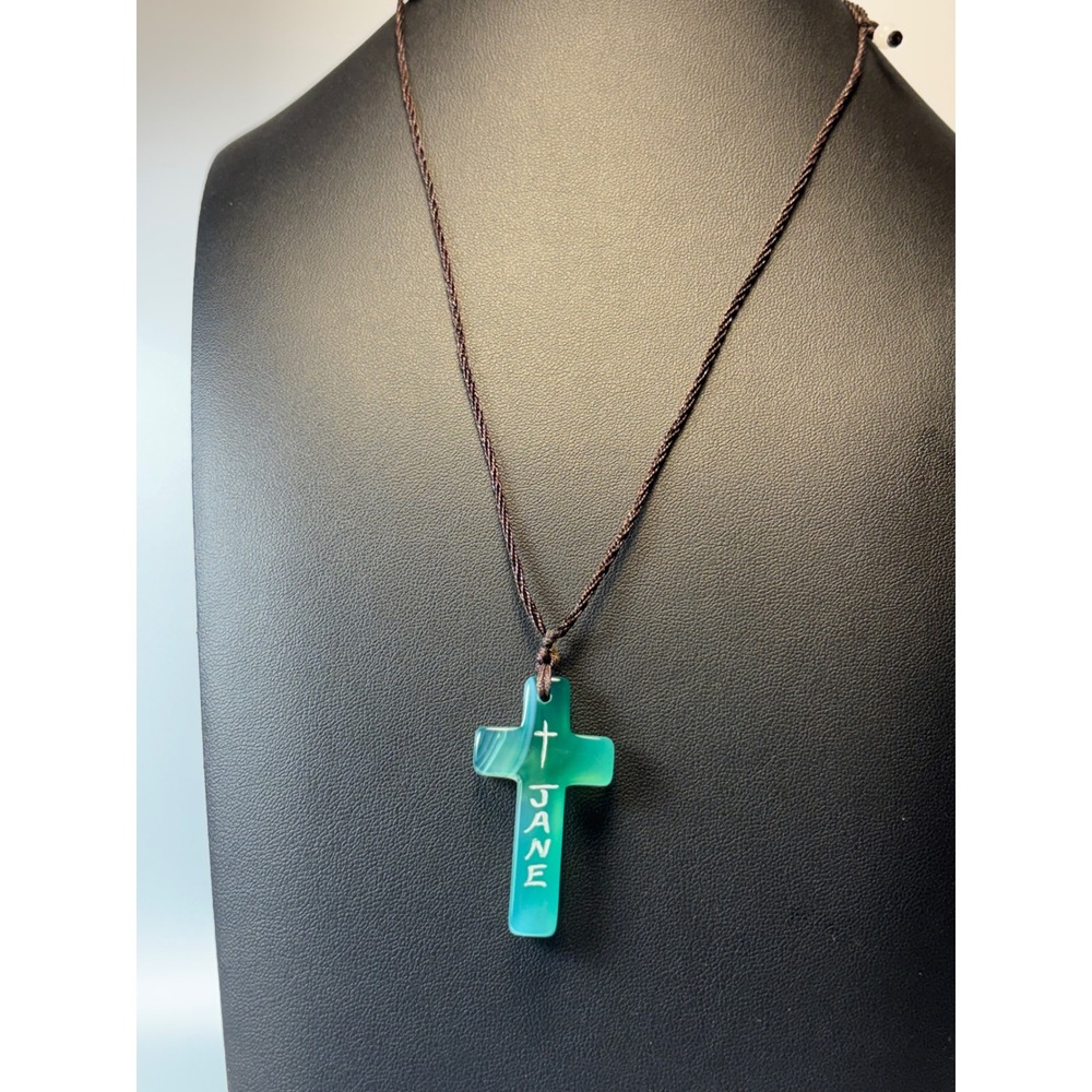 Cross Necklace Green Agate Pendant Jane Engraved Boho Goth Whimsygoth Statement